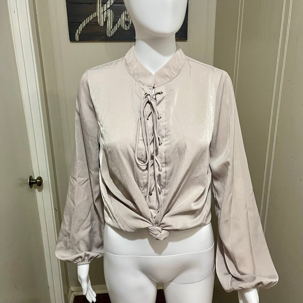 Lace Up Balloon Sleeve Satin Peasant Blouse